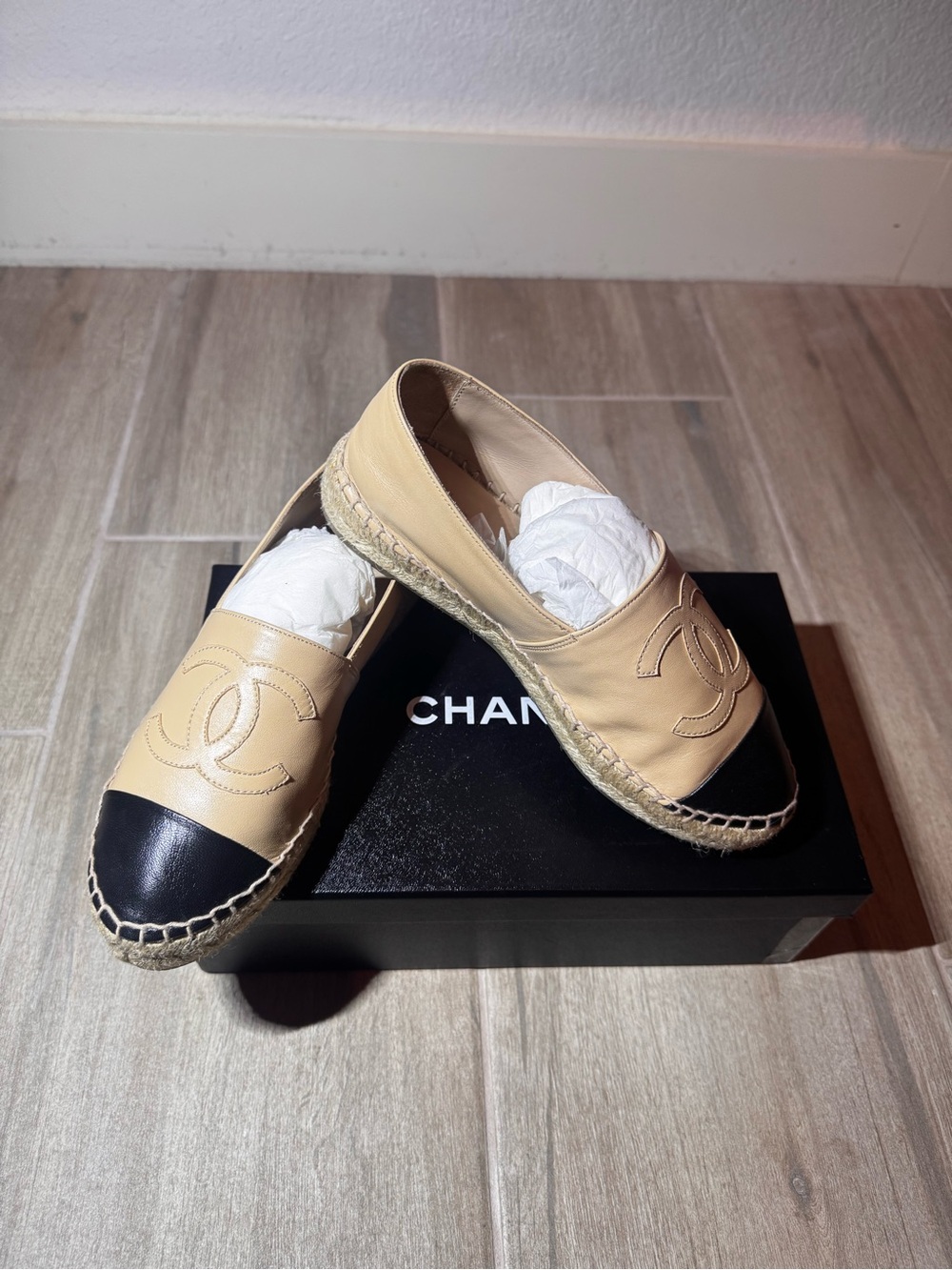 CHANEL Beige and Black Leather Espadrille Loafers